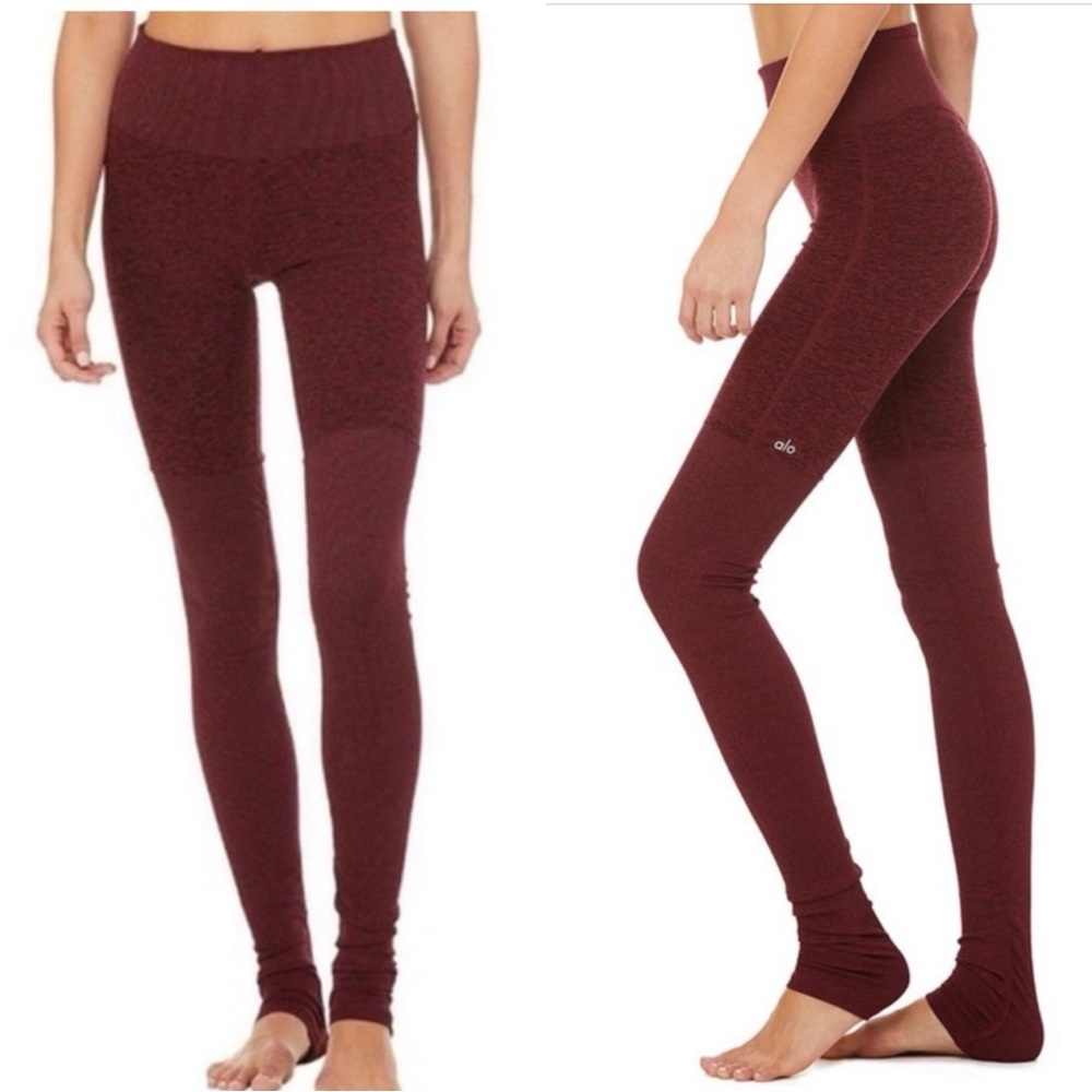 ALO YOGA Goddess Ribbed Ruched Maroon Burgundy Contrast Leggings